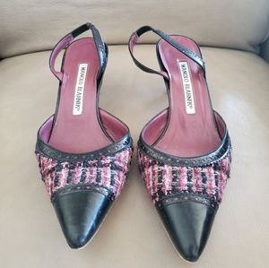 Pink and Black Tweed Manolo Blahnik Slingback Heels